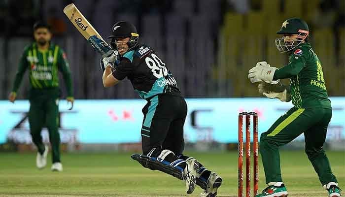 New Zealand´s Mark Chapman (C) plays a shot during the fourth T20I cricket match between Pakistan and New Zealand at the Rawalpindi Cricket Stadium in Rawalpindi, on April 20, 2023. — AFP