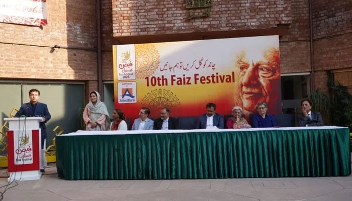 A participant speaks during a session at the 10th Faiz Festival 2026 on February 13, 2026. — Facebook@AlhamraLAC