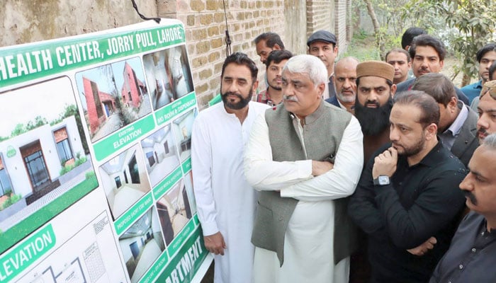 Punjab Health Ministers Khawaja Salman Rafique and Khawaja Imran Nazir inspecting the project of the Maryam Nawaz Mother and Child Health Centre at Joray Pull on February 21, 2026. — Facebook@SalmanRafiquePK