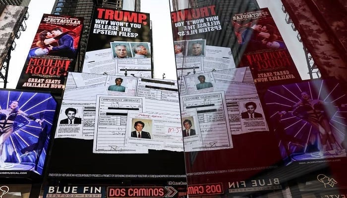 A screen displaying information about the Jeffrey Epstein files is shown in Times Square, New York City, US, July 23, 2025.— Reuters