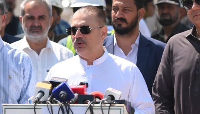 Sindh Senior Minister for Information and Transport Sharjeel Inam Memon speaks to the media during a visit to review development work on the Red Line BRT in Karachi on February 22, 2026. — Facebook@rawalsharjeelmemonSIM
