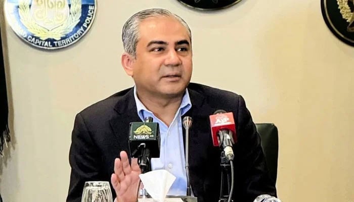 Interior Minister Mohsin Naqvi speaks to reporters in Islamabad on April 28, 2025. — Facebook/Ministry of Interior GoP