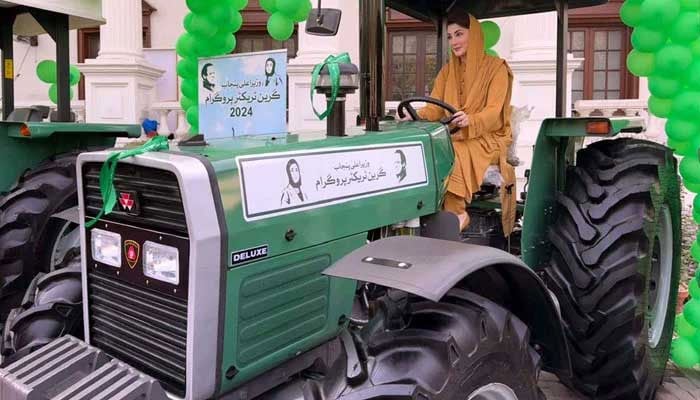Punjab Chief Minister, Maryam Nawaz Sharif, inspects a tractor during the launch of the Green Tractor Scheme, in Lahore on Friday, November 1, 2024. — PPI