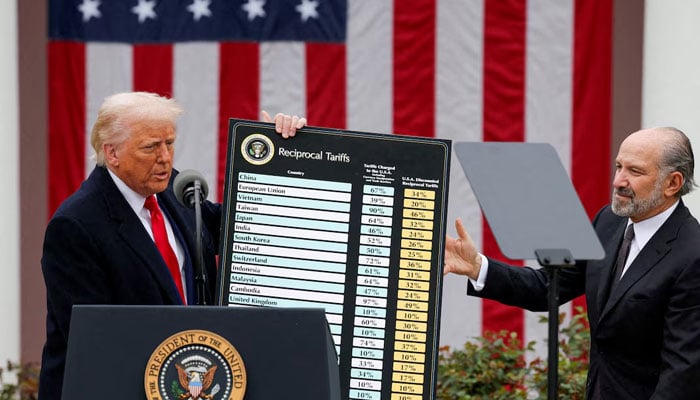 US President Donald Trump holds a chart next to US Secretary of Commerce Howard Lutnick as Trump delivers remarks on tariffs in the Rose Garden at the White House in Washington, DC, US, April 2, 2025.—Reuters