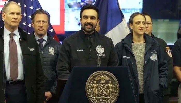 New York City Mayor Zohran Mamdani speaks at a news conference on Sunday as the city braces for a winter storm in New York City, US, on February 23, 2026. — AFP