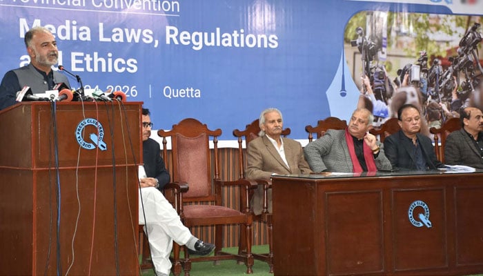Special advisor to CM Shahid Rind addressing the Provincial Convention on Media Laws, Regulations and Ethics organised by PFUJ and BUJ. Pakistan Federal Union of Journalists President Afzal Butt and other also present on February 24, 2026. — INP