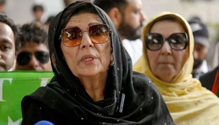 Aleema Khan, sister of Imran Khan, speaks to the media after a court verdict outside the Islamabad High Court on June 3, 2024. — AFP