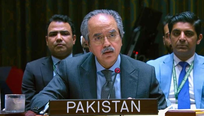 Pakistan’s permanent representative to the United Nations, Ambassador Asim Iftikhar Ahmad, speaks during a UN Security Council session in this undated image. — X/@PakistanUN_NY