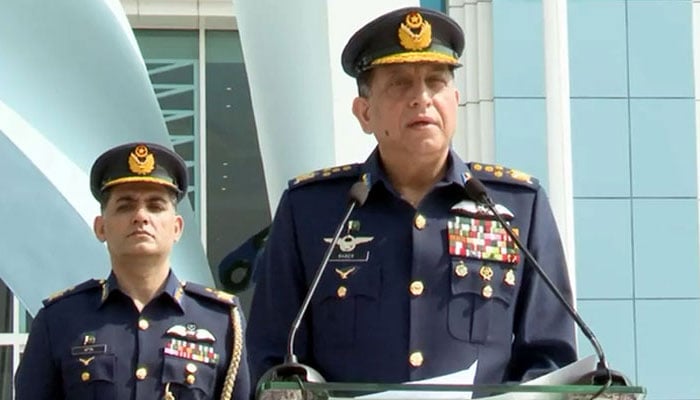 Air Chief Marshal Zaheer Ahmed Baber Sidhu, Chief of the Air Staff addressing the 7th anniversary of Operation Swift Retort at Air Headquarters on February 27, 2026. — Radio Pakistan website