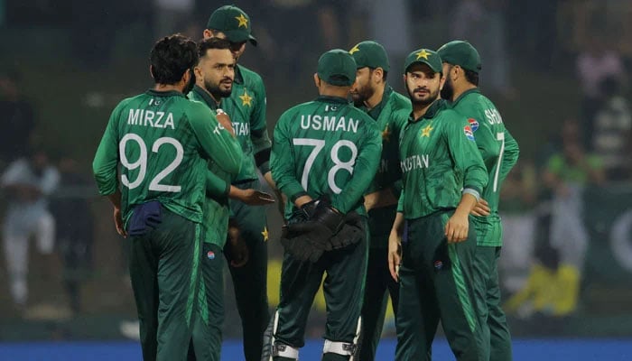 Pakistans Mohammad Nawaz celebrates with teammates after taking the wicket of Englands Will Jacks. — Reuters