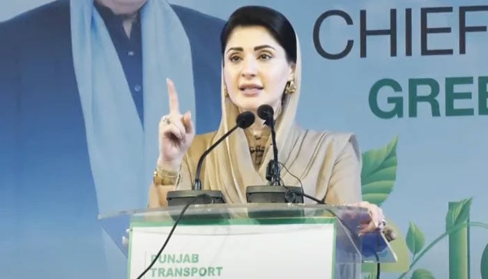 Punjab Chief Minister Maryam Nawaz addressing a ceremony in Faisalabad, on September 28, 2025. — Screengrab via Geo News