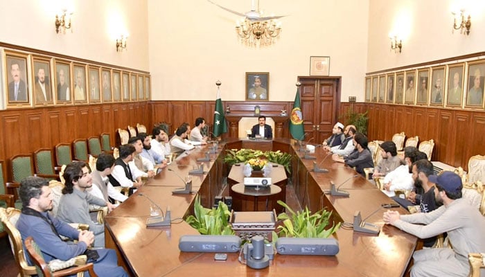 Governor Faisal Karim Kundi, in a meeting with a delegation of the Khyber Students Association, University of Peshawar, on February 28, 2026. — Facebook@FaisalKarimKundi