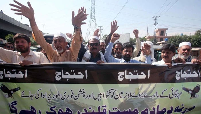 This representational image shows government employees protesting against non-payment of their salaries and pensions in KP on October 8, 2024. — PPI