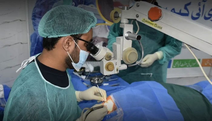 This Representational image shows an eye specialist checking his patient. — Facebook@Aalshifaeyerwp/File