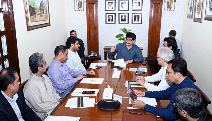 Sindh Chief Minister Syed Murad Ali Shah presides over a meeting at CM House to review progress on the wastewater treatment project on February 28, 2026. — Facebook@SindhCMHouse