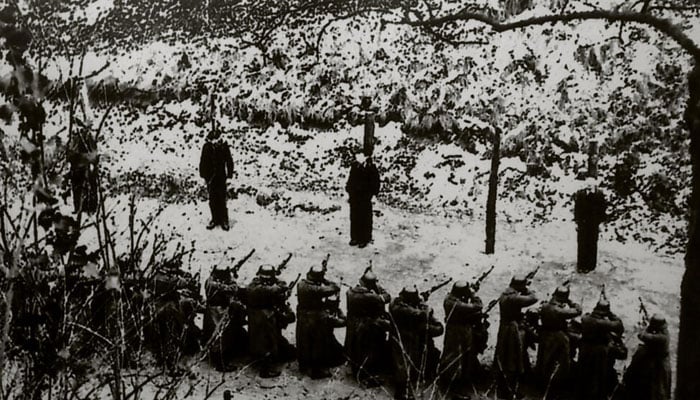 A photo taken secretly by a German soldier on February 21, 1944, shows the executions of French resistance fighters Georges Cloarec, Rino Della Negra, Cesar Lucarini and Antonio Salvadori.—AFP/File picture