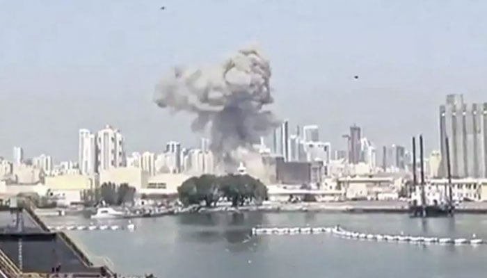 This video grab taken from UGC images posted on social media on February 28, 2026, and verified by AFPTV teams in Paris, shows the moment of an Iranian strike on a US base in Bahrain. — AFP