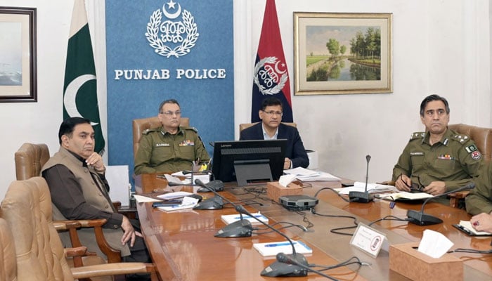 Inspector General of Police Punjab Abdul Kareem and Punjab Home Secretary Dr Ahmad Javed Qazi chair a meeting at the Central Police Office on March 1, 2026. — Facebook@punjabpolicecpo