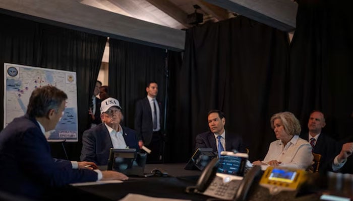 US President Donald Trump speaks with CIA Director John Ratcliffe, accompanied by White House Chief of Staff Susie Wiles and Secretary of State Marco Rubio, during military operations in Iran, at Trumps Mar-a-Lago resort in Palm Beach, Florida, US, February 28, 2026.—Reuters