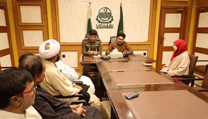 Deputy Commissioner Khalid Javed Goraya chaired a meeting to review the law and order situation in the Vehari district on March 1, 2026. — Facebook@dco.vehari