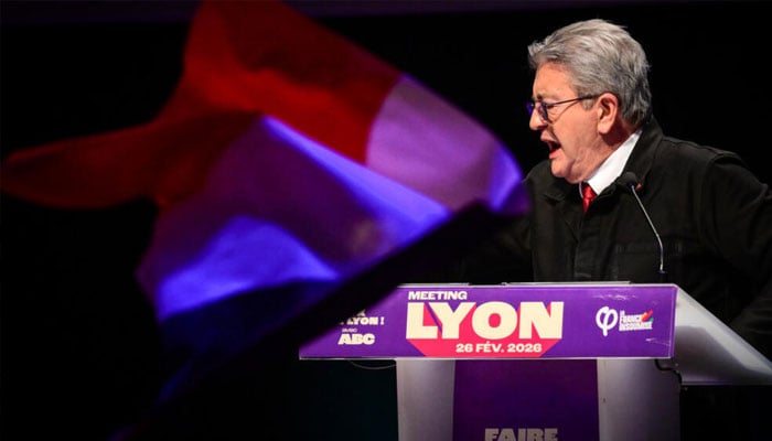 Jean-Luc Melenchon speaking at a gathering in Lyon on Thursday evening. —AFP/File