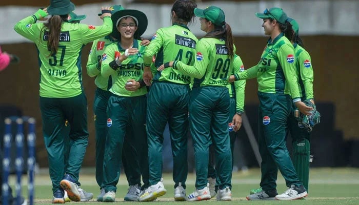 Pakistan players celebrate a wicket during their ICC Womens World Cup Qualifier match against Bangladesh at the Lahore City Cricket Association Ground in Lahore on April 19, 2025. — PCB