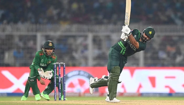 Pakistans Fakhar Zaman plays a shot during their ICC Mens Cricket World Cup match against Bangladesh at the Eden Gardens in Kolkata on October 31, 2023. — X/@TheRealPCB