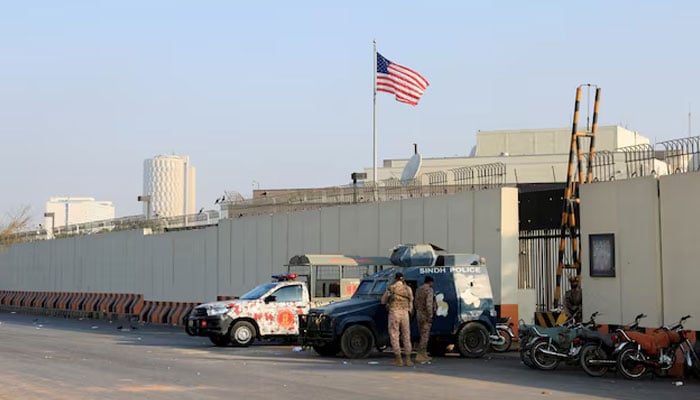Police and Paramilitary vehicles stand outside the US Consulate General, a day after a protest following news of US and Israeli strikes on Iran that killed Supreme Leader Ayatollah Ali Khamenei, in Karachi, Pakistan, March 2, 2026. — Reuters