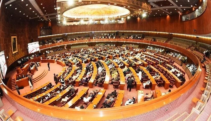 The representational image shows inside view of the National Assembly session underway with then-speaker Raja Pervez Ashraf in the chair, on April 10, 2023. — X/NAofPakistan