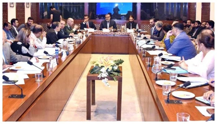Chairman Senate Standing Committee On National Health Services Regulations And Coordination Senator Amir Waliuddin Chishti presiding over a meeting of the committee at Parliament House on April 24, 2025. — APP