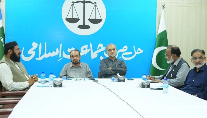Jamaat-i-Islami (JI) Emir Hafiz Naeem ur Rehman presiding over an emergency meeting of the party’s central leadership at Mansoora on May 7, 2025. — Facebook@HafizNaeemRehman