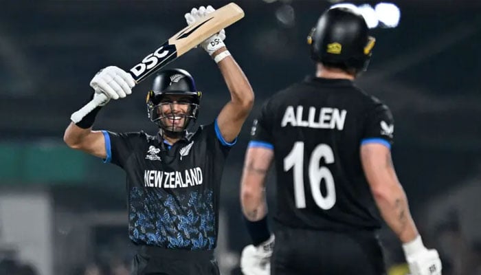 New Zealand’s Rachin Ravindra (left) and Finn Allen celebrate their team’s win at the end of the 2026 ICC Men’s T20 Cricket World Cup semi-final match between New Zealand and South Africa in the Eden Gardens of Kolkata on March 4, 2026. — AFP