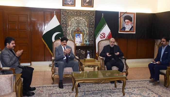 Sindh Chief Minister Syed Murad Ali Shah offers condolences to Akbar Eissa Zadeh at the Consulate General of the Islamic Republic of Iran on the martyrdom of Supreme Leader Seyyed Ali Hosseini Khamenei on March 4, 2026. — Facebook@SindhCMHouse