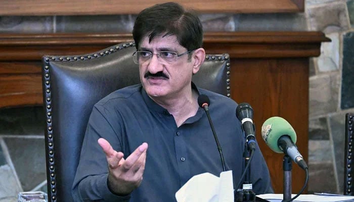 Sindh Chief Minister Syed Murad Ali Shah addresses a press conference at the CM House on April 25, 2025. — Facebook@SindhCMHouse