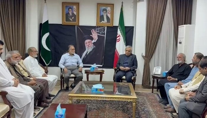 Jamaat-i-Islami Lahore Emir Zia-ud-Din Ansari Advocate (centre left), along with a delegation, in a meeting with the Consul General of Iran Mehran Mowakhedfar during a visit to the  Iranian Consulate on March 4, 2026. — Facebook@JamaatLahore