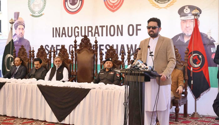Chief Minister Khyber Pakhtunkhwa Muhammad Sohail Afridi addresses during the inauguration ceremony of Save City Peshawar on March 4, 2026. — APP