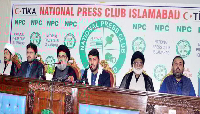 ISO President Syed Amin Shirazi and  MWM Vice Chairman Syed Ahmad Iqbal Rizvi, along with others, held a press conference at the National Press Club, Islamabad, on March 4, 2026. — NNI
