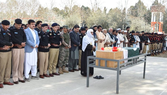 The funeral prayers of the Shaheed ASI Daulat Khan at Police Lines Bajaur on March 4, 2026. —Facebook@DistrictPoliceOfficerBajaur