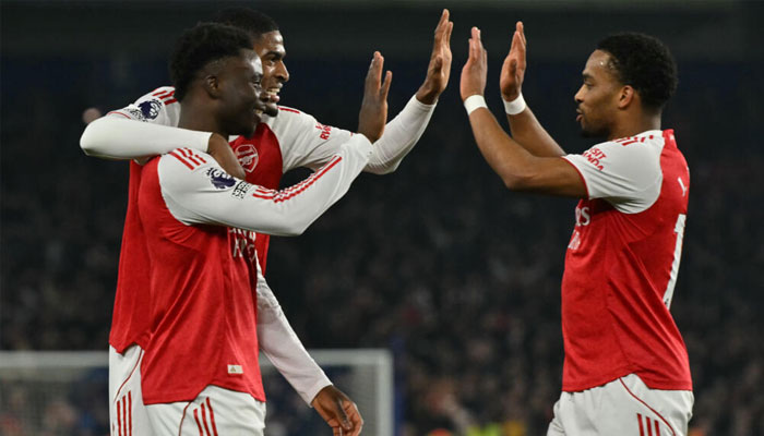 Arsenal celebrate Bukayo Sakas goal against Brighton. —AFP