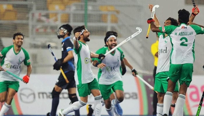 Pakistan hockey players celebrate after defeating Japan in the FIH Nations Cup in Kuala Lumpur on June 16, 2025. — X/@HokitaMY