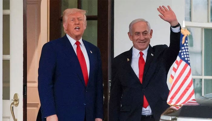 US President Donald Trump speaks as Israeli Prime Minister Benjamin Netanyahu waves following a meeting in the White House, in Washington, US, April 7, 2025. — Reuters