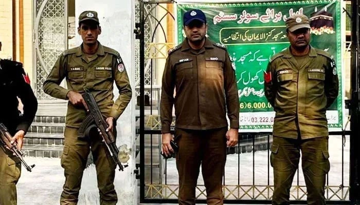 Punjab police personnel stand guard in Lahore on December 8, 2023. — Facebook@DIG Ops Lahore Police