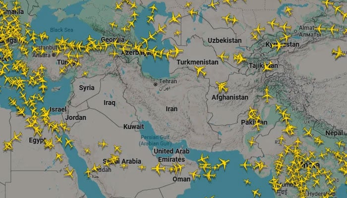 The Flightradar24 map shows skies over Iran, Iraq, and Kuwait were empty on Sunday morning. —Flightradar24