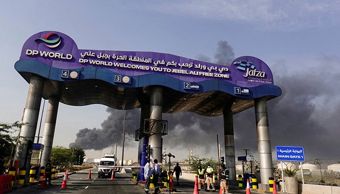 Smoke billows from Jebel Ali port after an Iranian attack in United Arab Emirates on March 1, 2026. — Reuters