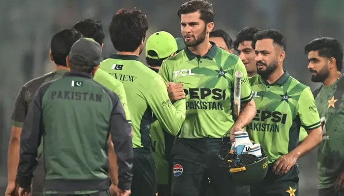 Shaheen Shah Afridi (centre) celebrates with teammates at the end of the first one-day international (ODI) cricket match between Pakistan and South Africa at the Iqbal Stadium in Faisalabad on November 4, 2025. — AFP