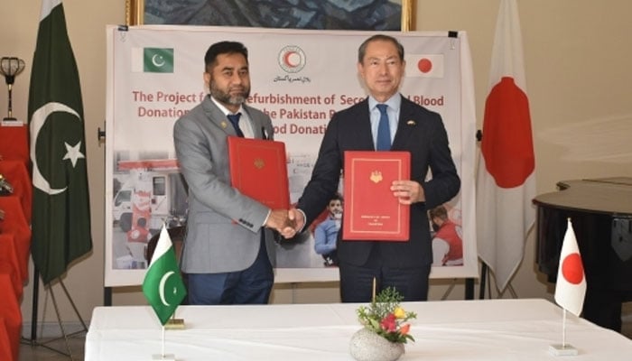 The image shows a grant contract signing ceremony at the Japanese embassy in Islamabad on March 6, 2026. — Embassy of Japan in Pakistan website/