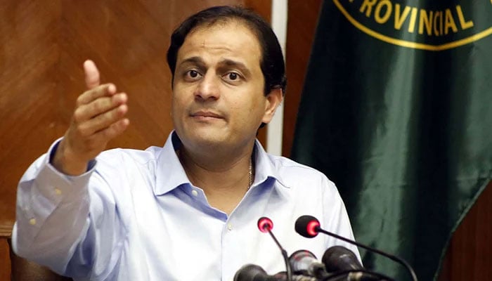Karachi Mayor Barrister Murtaza Wahab addresses a press conference at Sindh Assembly building in Karachi, on May 29, 2023. — PPI