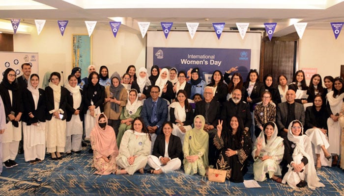 Chairman SHARP-Pakistan, Syed Liaqat Banori, and Pari Gul Tareen, Superintendent of Police Headquarters in Islamabad, in a group photo on the occasion of International Womens Day on March 7, 2026. — Facebook@sharp.pak