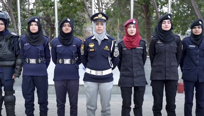 Islamabad women police personnel standing for a photo on the occasion of  International Women’s Day on March 8, 2026. — Screengrab via Facebook@islamabadpolice