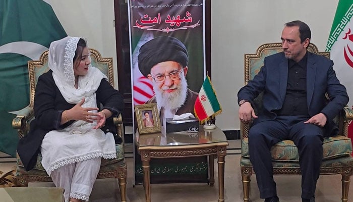 Central Information Secretary of the Insaf Lawyers Forum (ILF) Pakistan of Pakistan Tehreek-e-Insaf (PTI), Masooma Mir Advocate (left), expresses condolences over the martyrdom of the Iranian Supreme Leader Ayatollah Ali Khamenei with Consul General Ali Banafsheh Khah during a visit to the Iranian Consulate General on March 8, 2026. — Facebook@Masooma Mir